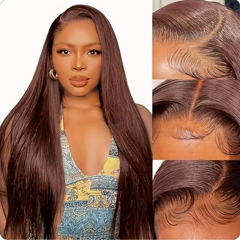 250% Density Silk Straight Wigs 100% Brazilian Human Hair 13*6 HD Transparent Lace Deep Parting Pre Plucked Natural Hairline Chocolate Brown Straight Human Hair #4 Color Wig Suitable For All Women